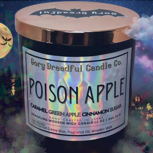 POISON APPLE Crackling Wooden Wick Luxury Candle: Caramel Green Apple Cinnamon Sugar Scent