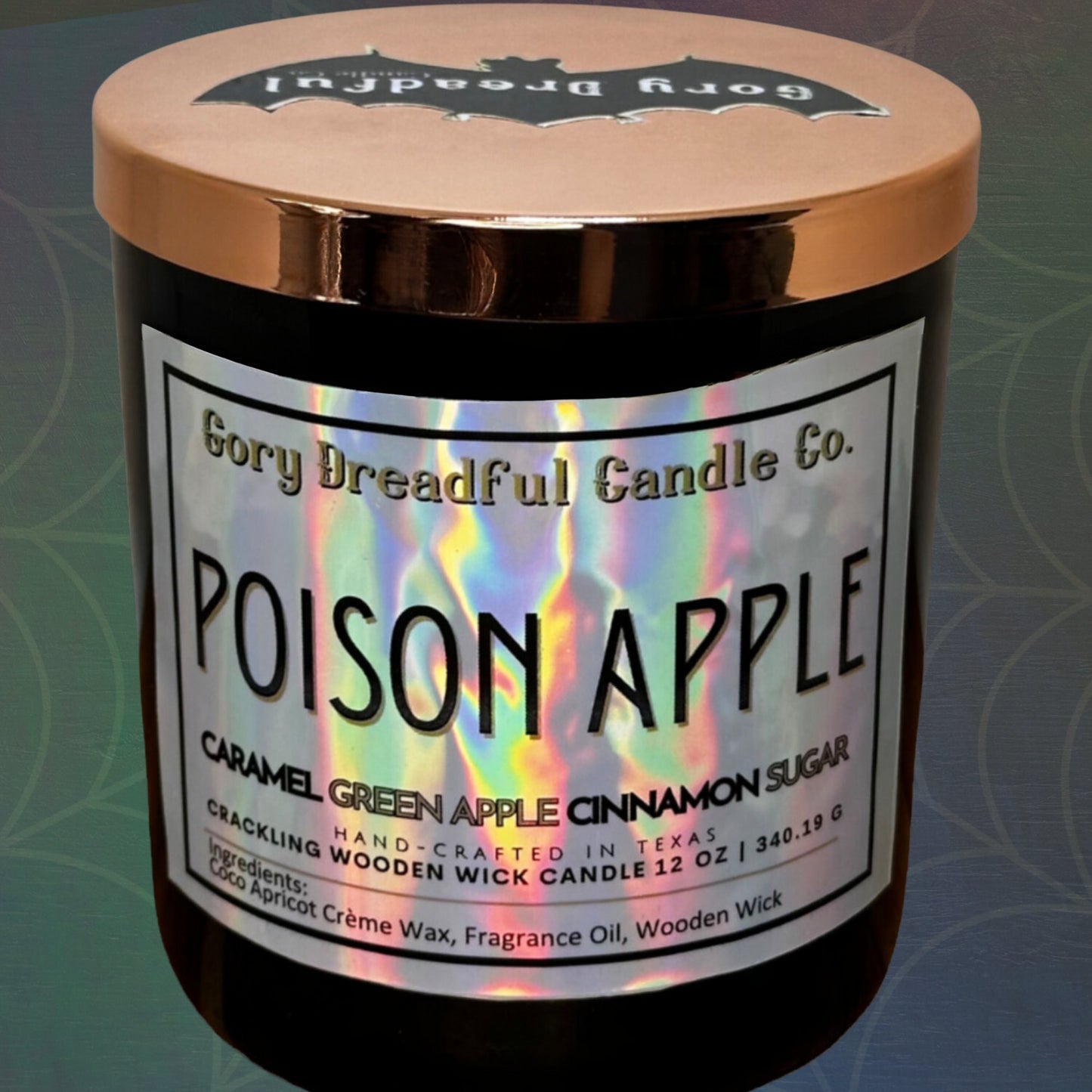 POISON APPLE Crackling Wooden Wick Luxury Candle: Caramel Green Apple Cinnamon Sugar Scent