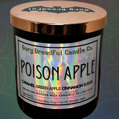 POISON APPLE Crackling Wooden Wick Luxury Candle: Caramel Green Apple Cinnamon Sugar Scent