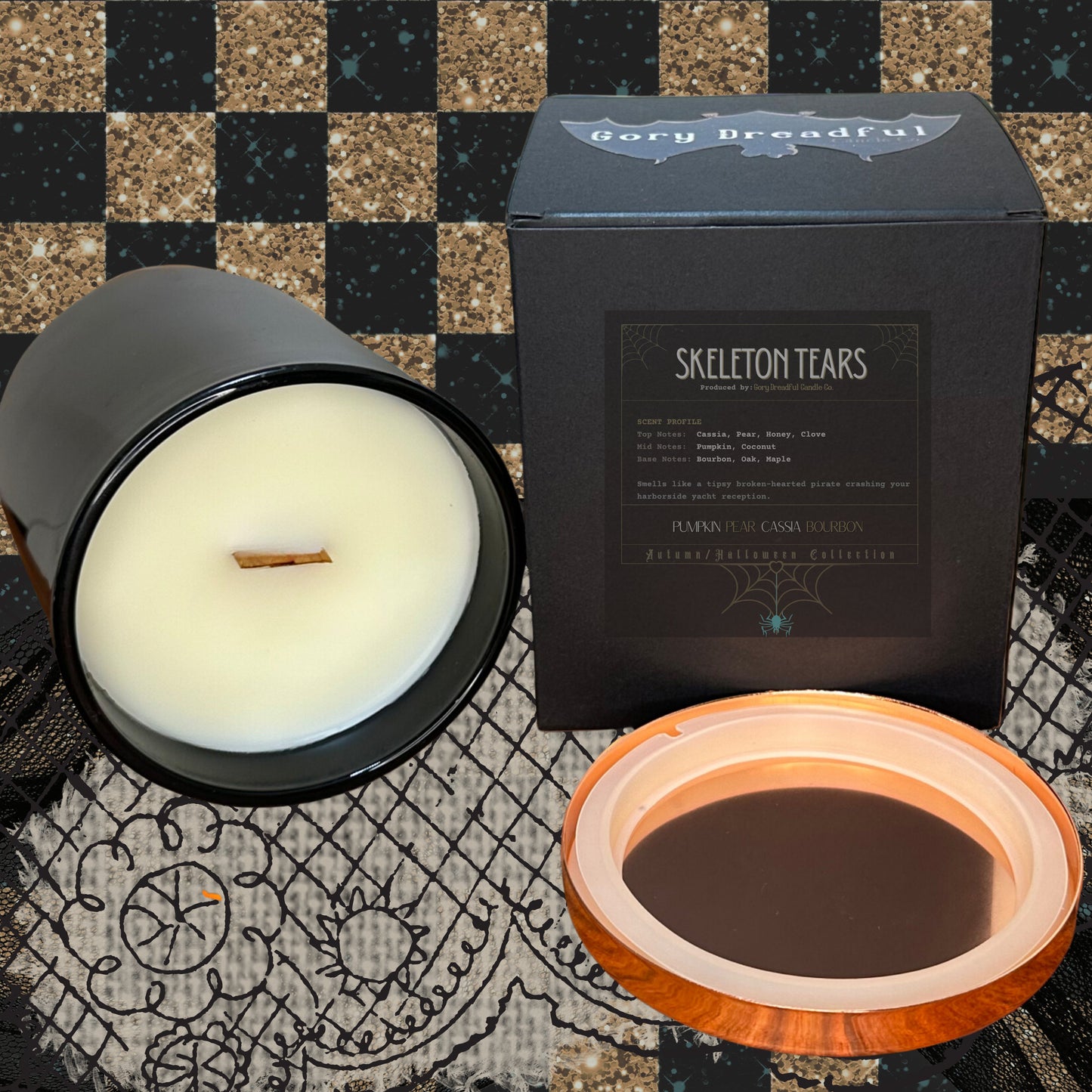 SKELETON TEARS Crackling Wooden Wick Luxury Candle: Pumpkin Pear Cassia Bourbon Scent