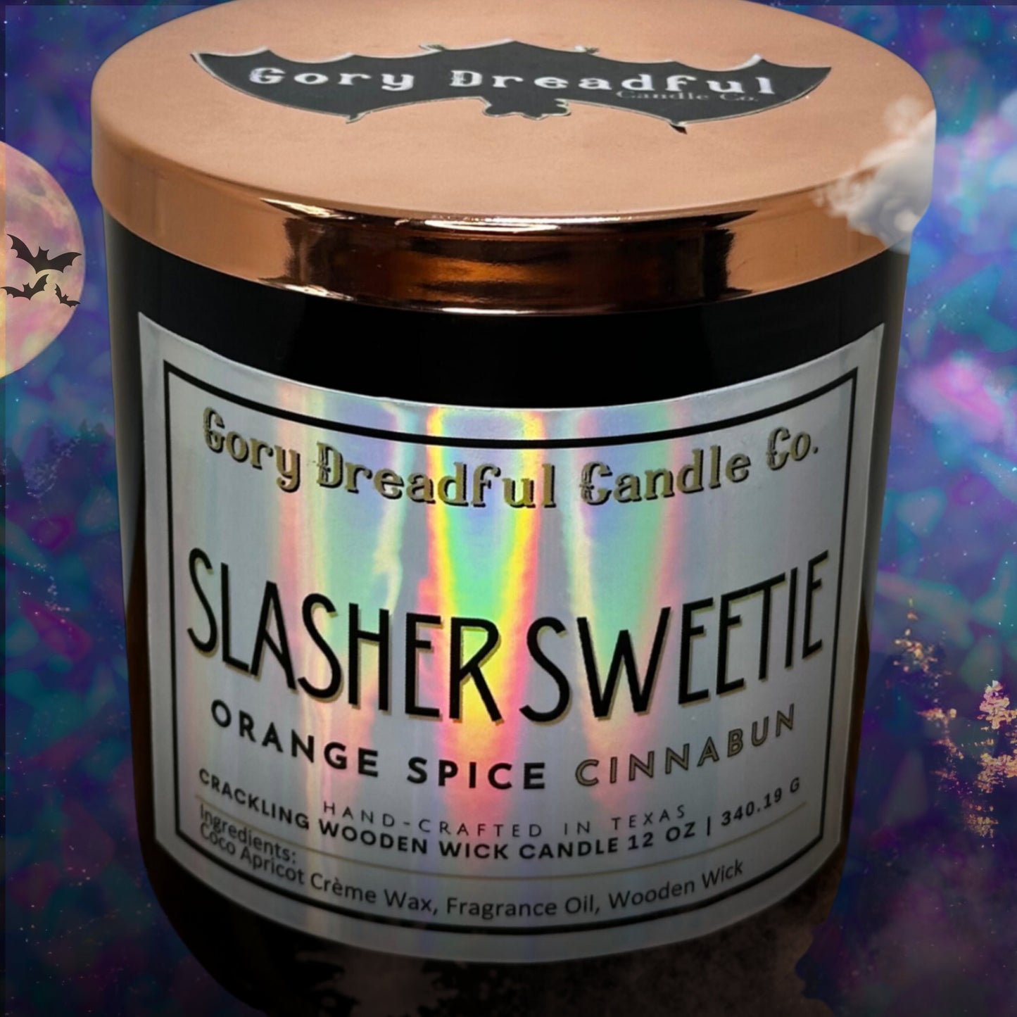 SLASHER SWEETIE Crackling Wooden Wick Luxury Candle: Orange Spice Cinnabun Scent