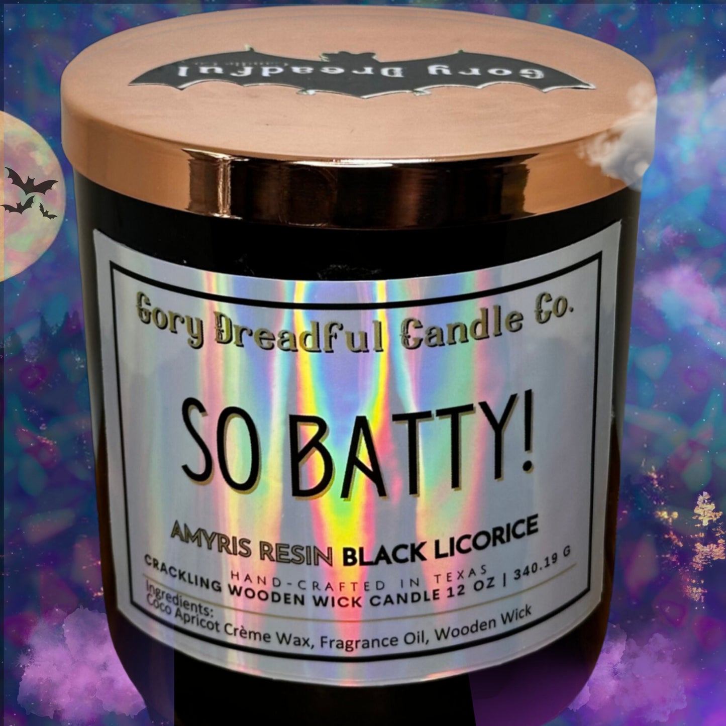 SO BATTY! Crackling Wooden Wick Luxury Candle: Amyris Resin Black Licorice Scent