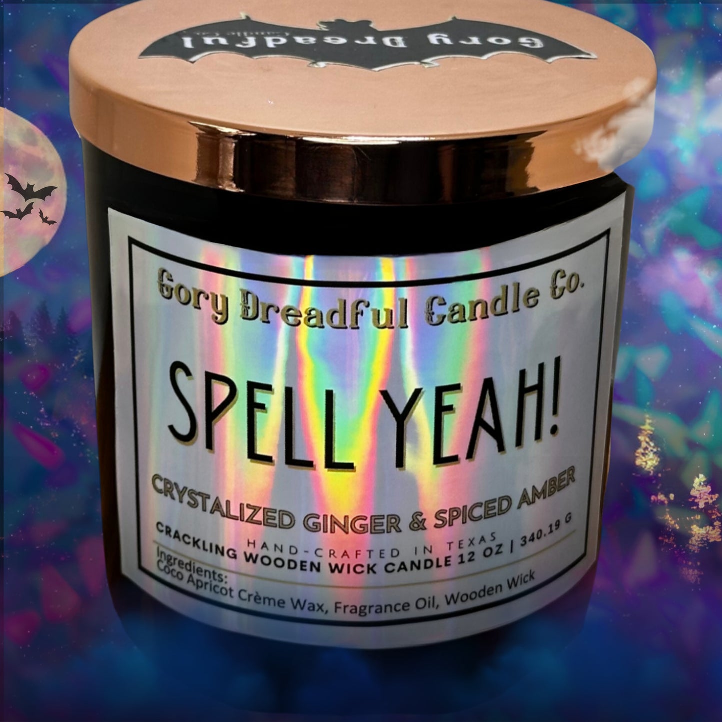SPELL YEAH!  Crackling Wooden Wick Luxury Candle: Crystallized Ginger & Spiced Amber Scent