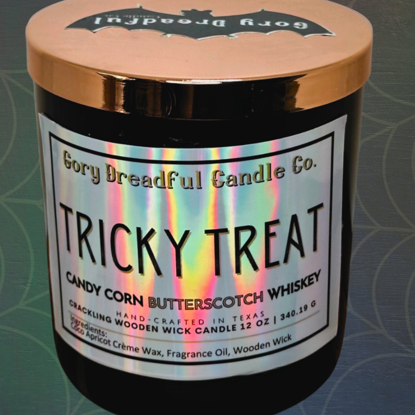 TRICKY TREAT Crackling Wooden Wick Luxury Candle: Candy Corn Butterscotch Whiskey Scent
