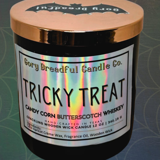 TRICKY TREAT Crackling Wooden Wick Luxury Candle: Candy Corn Butterscotch Whiskey Scent