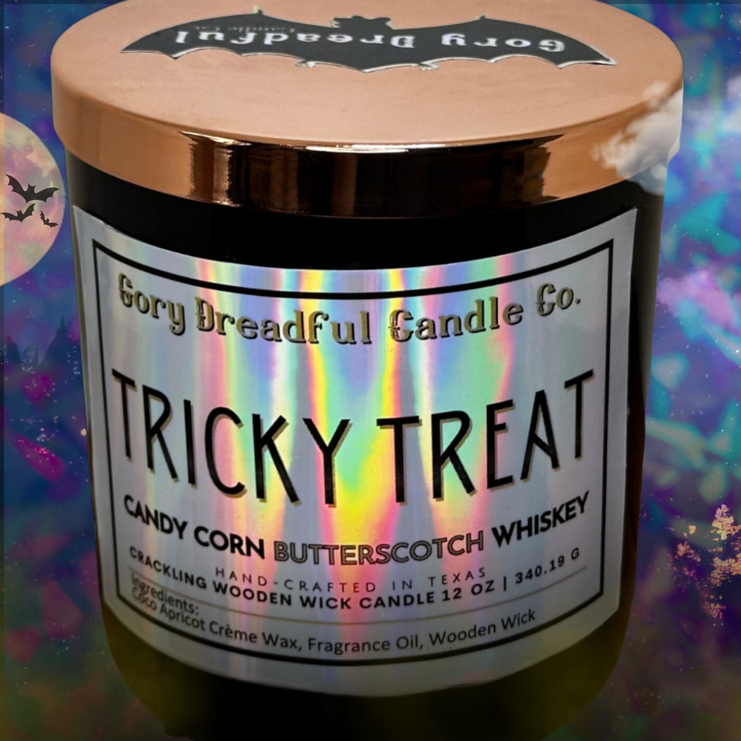 TRICKY TREAT Crackling Wooden Wick Luxury Candle: Candy Corn Butterscotch Whiskey Scent
