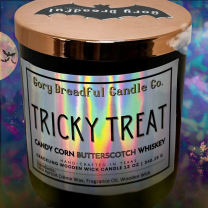 TRICKY TREAT Crackling Wooden Wick Luxury Candle: Candy Corn Butterscotch Whiskey Scent