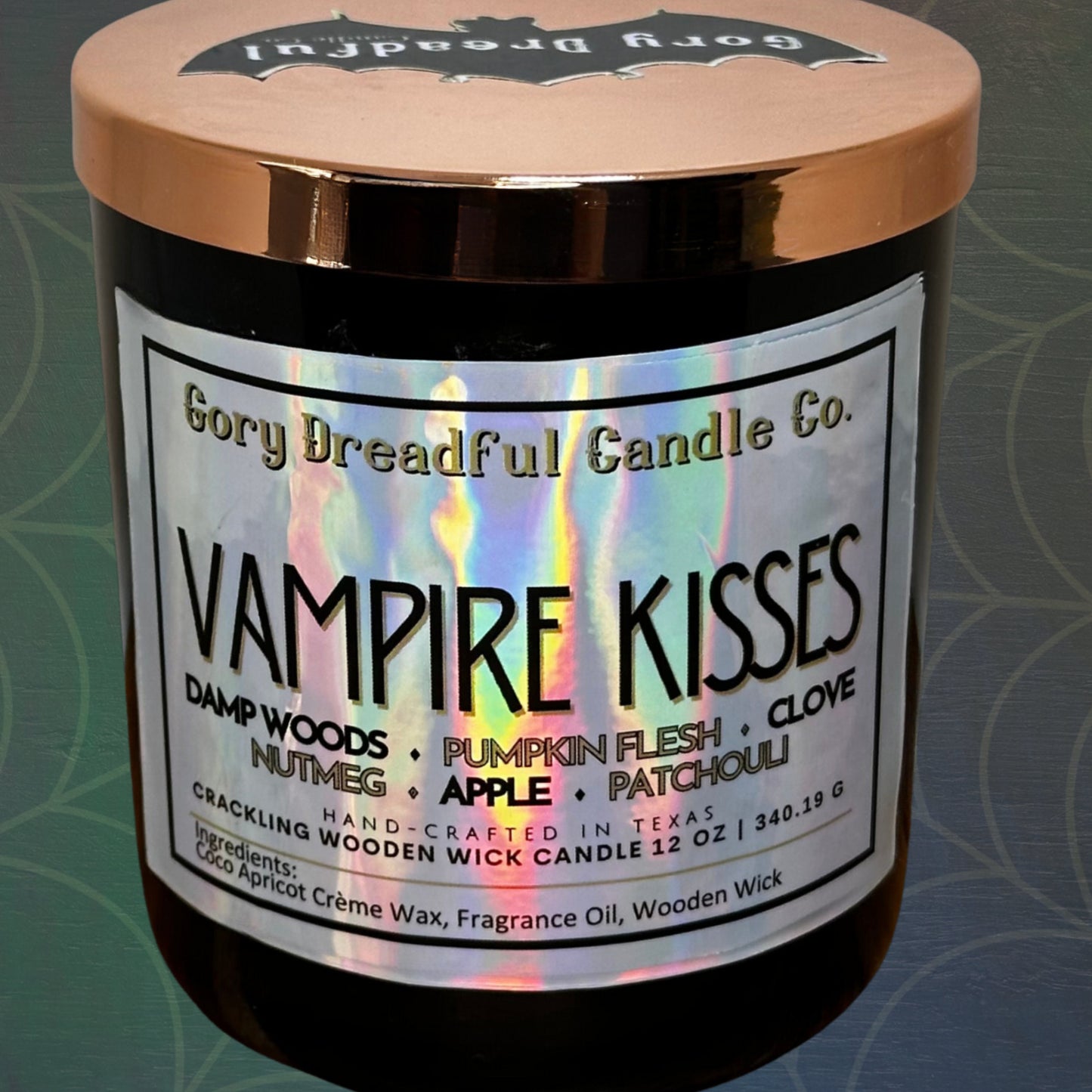VAMPIRE KISSES Crackling Wooden Wick Luxury Candle: Damp Woods Pumpkin Flesh Clove Nutmeg Apple Patchouli Scent