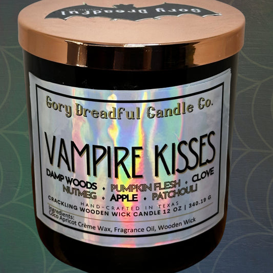 VAMPIRE KISSES Crackling Wooden Wick Luxury Candle: Damp Woods Pumpkin Flesh Clove Nutmeg Apple Patchouli Scent