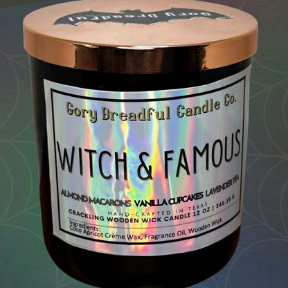 WITCH & FAMOUS Crackling Wooden Wick Luxury Candle: Almond Macarons Vanilla Cake Lavender Tea Scent