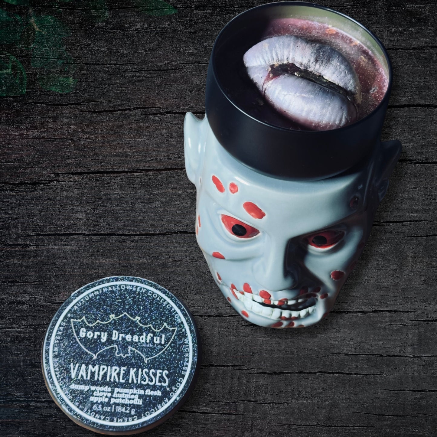 VAMPIRE KISSES Wickless Luxury Candle: Damp Woods Pumpkin Flesh Clove Nutmeg Apple Patchouli Scent