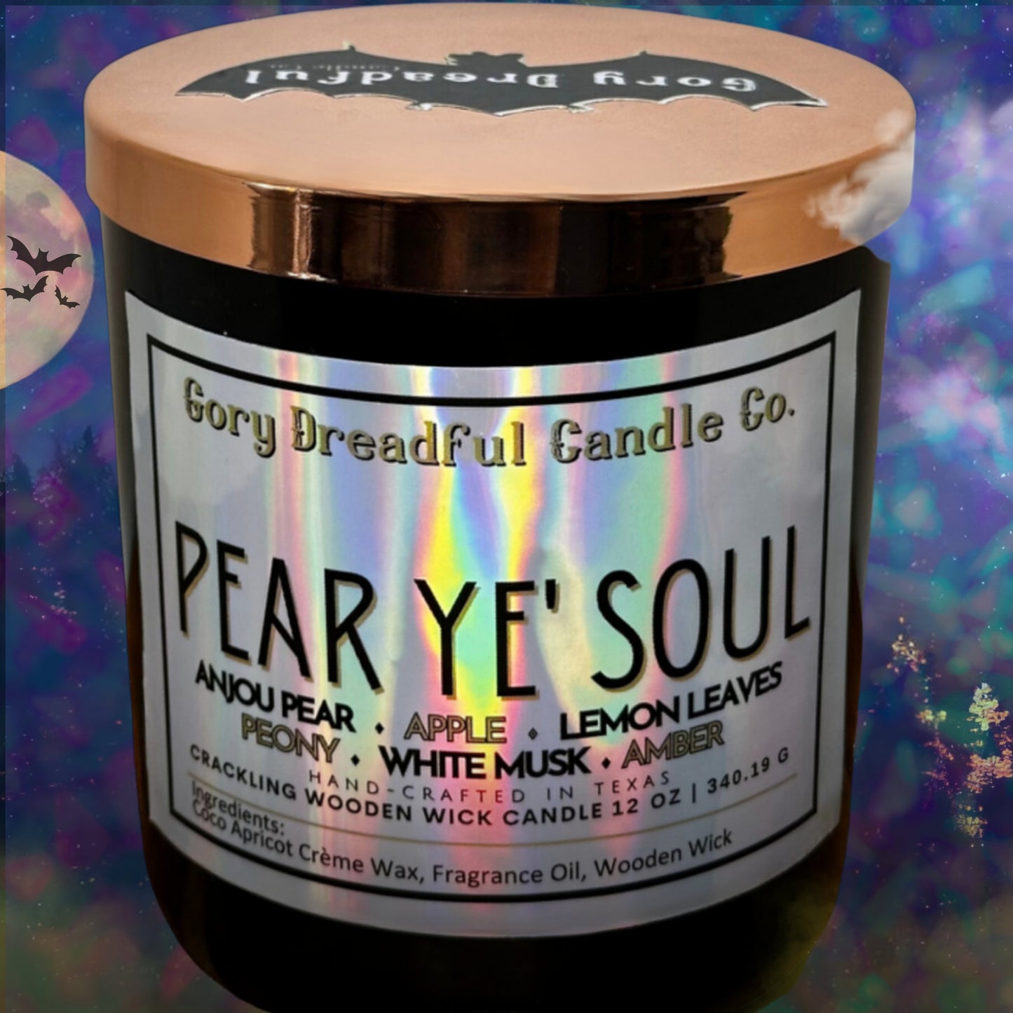 PEAR YE' SOUL Crackling Wooden Wick Luxury Candle: Anjou Pear Apple Lemon Leaves Peony White Musk Amber Scent