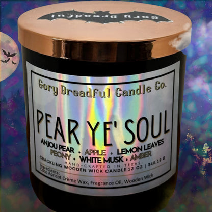 PEAR YE' SOUL Crackling Wooden Wick Luxury Candle: Anjou Pear Apple Lemon Leaves Peony White Musk Amber Scent