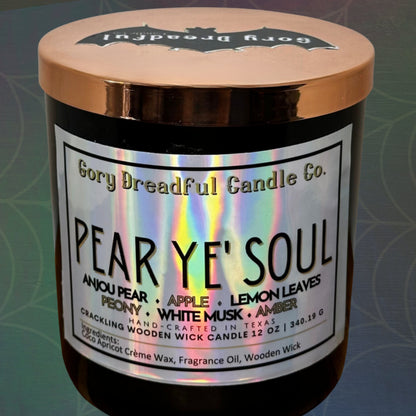 PEAR YE' SOUL Crackling Wooden Wick Luxury Candle: Anjou Pear Apple Lemon Leaves Peony White Musk Amber Scent