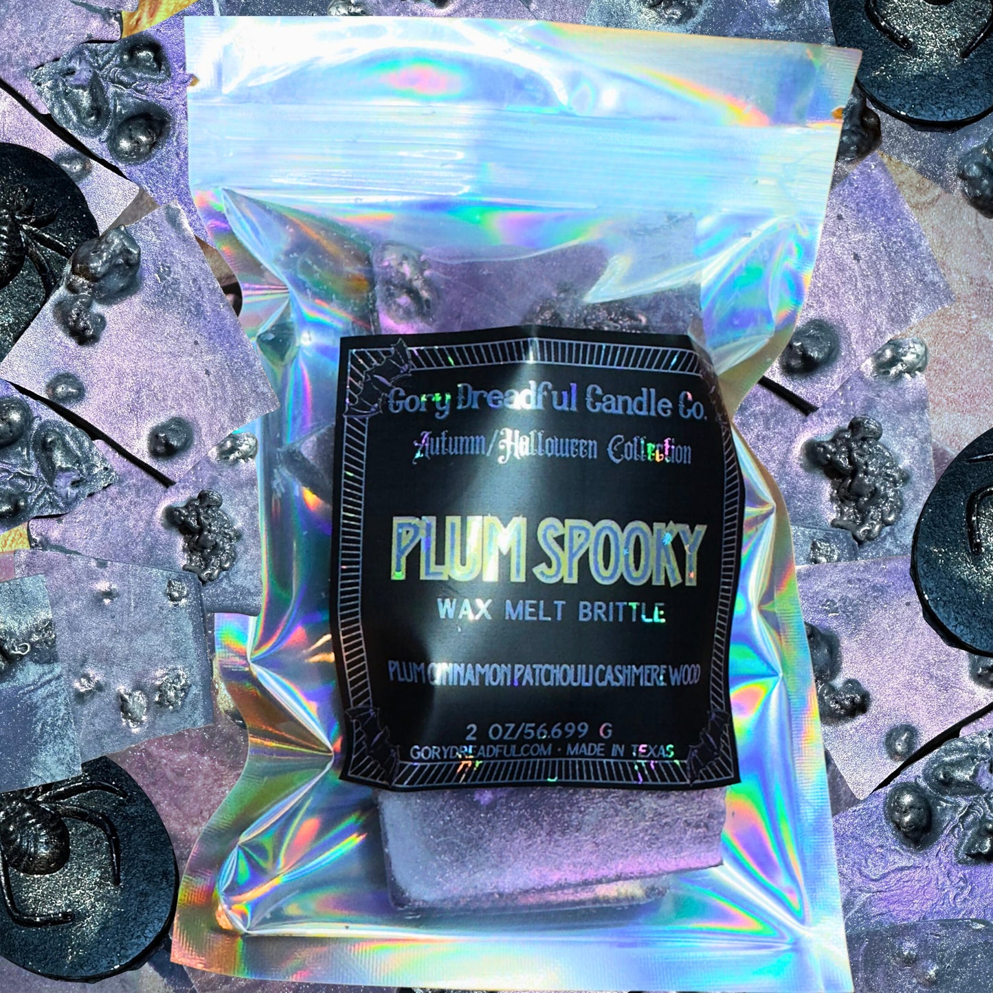 PLUM SPOOKY Wax Melt Brittle: Plum Cinnamon Patchouli Leaf Cashmere Woods Scent