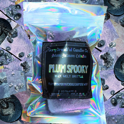 PLUM SPOOKY Wax Melt Brittle: Plum Cinnamon Patchouli Leaf Cashmere Woods Scent