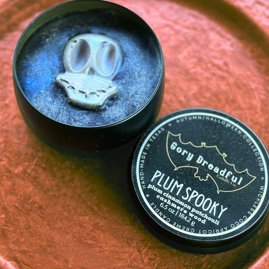 PLUM SPOOKY Wickless Luxury Candle: Plum Cinnamon Patchouli Leaf Cashmere Woods Scent