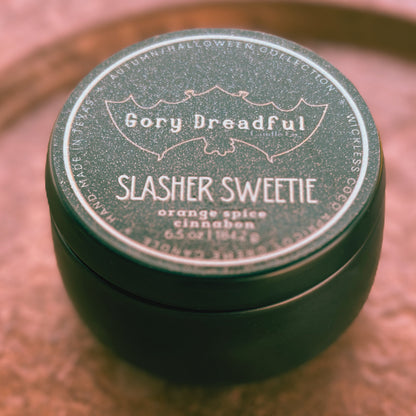SLASHER SWEETIE Wickless Luxury Candle: Orange Spice Cinnabun Scent