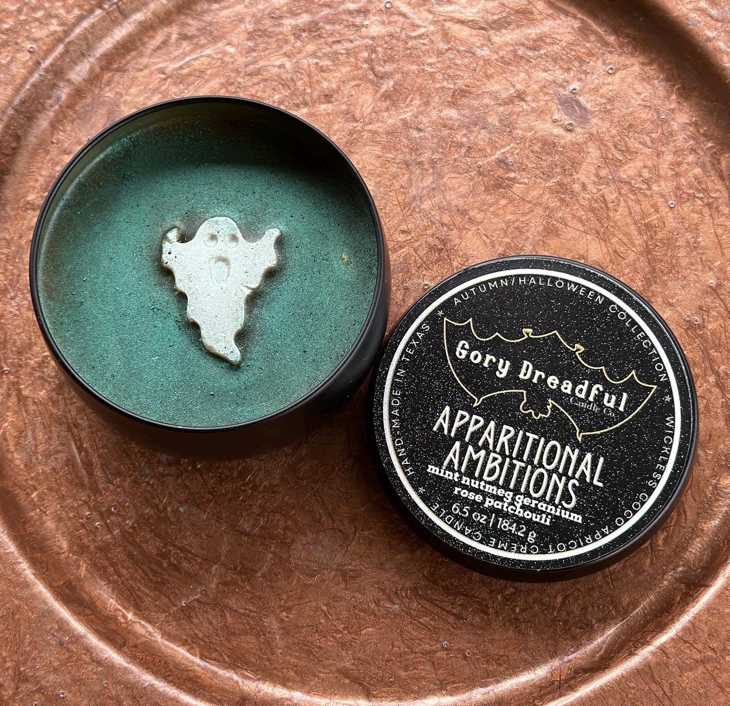 APPARITIONAL AMBITIONS Wickless Luxury Candle: Mint Nutmeg Geranium Rose Patchouli Scent