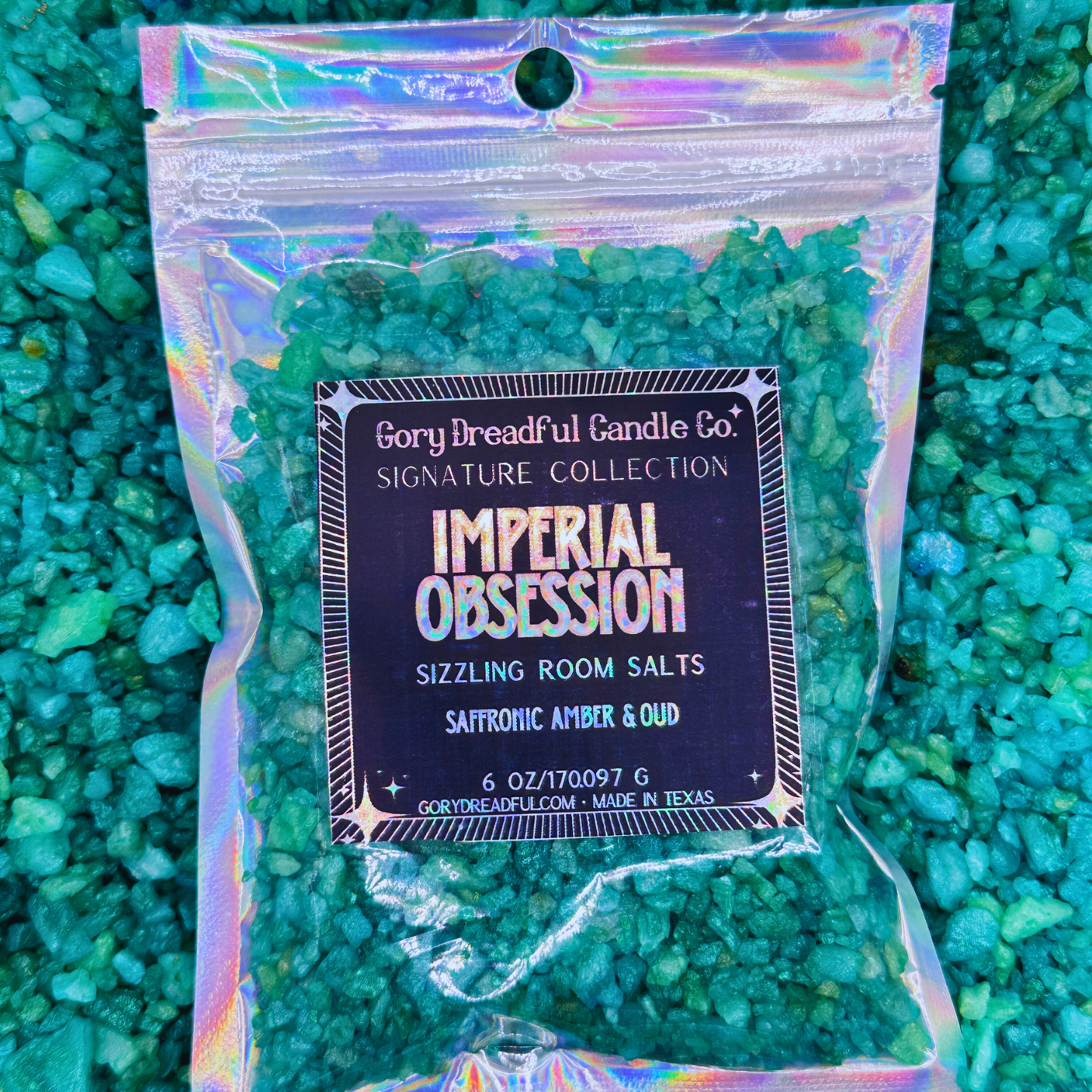 IMPERIAL OBSESSION Sizzling Room Salt Crystal Potpourri: Saffronic Amber & Oud Scent - Gory Dreadful Candle Co