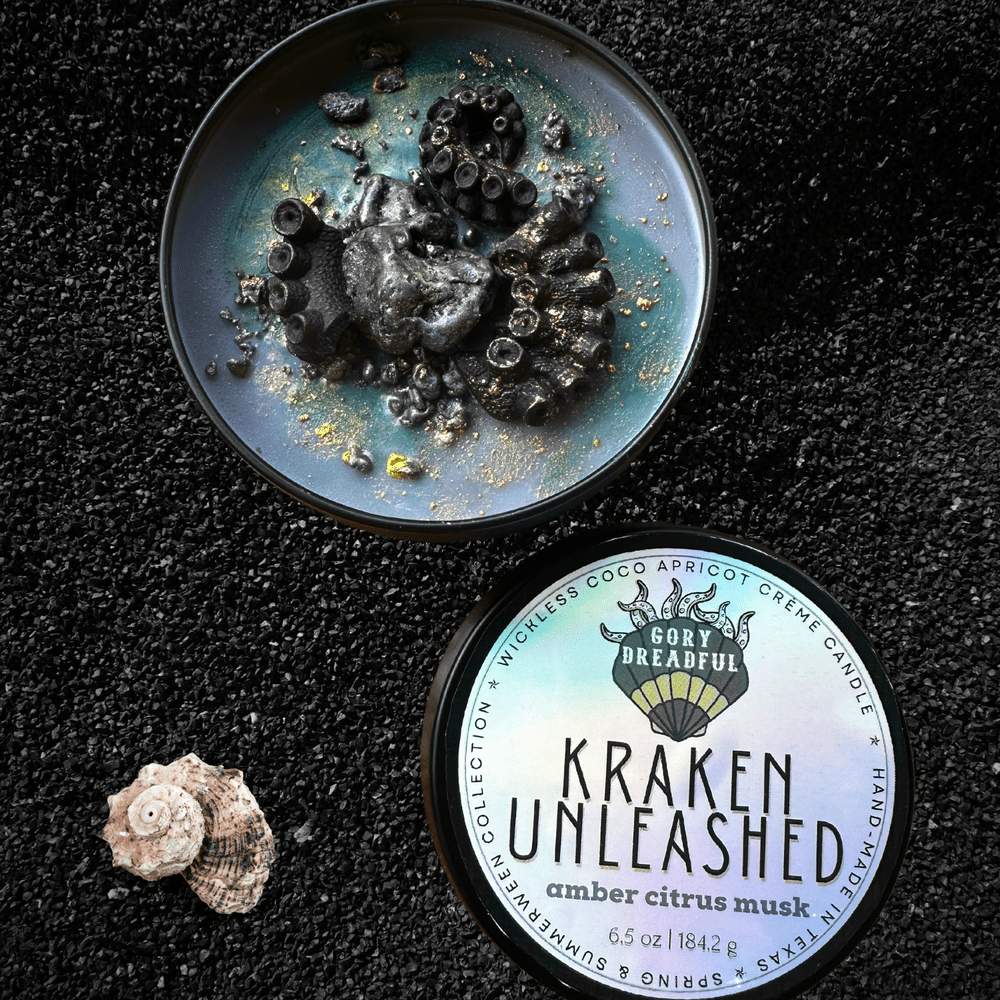 KRAKEN UNLEASHED Luxury Wickless Candle 6.5 oz: Amber Citrus Musk - Gory Dreadful Candle Co