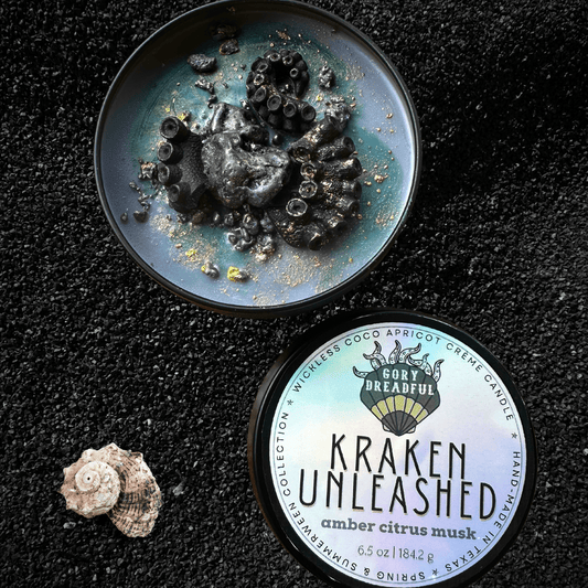 KRAKEN UNLEASHED Luxury Wickless Candle 6.5 oz: Amber Citrus Musk - Gory Dreadful Candle Co