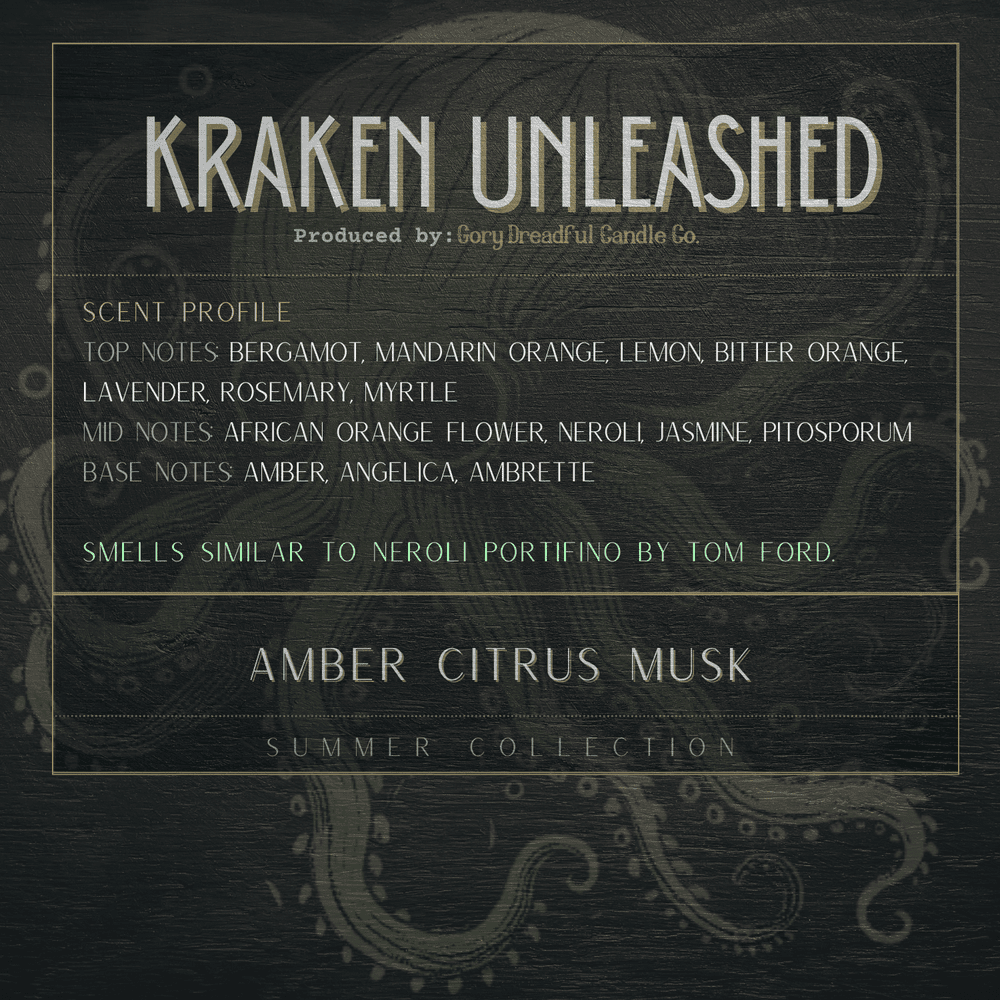KRAKEN UNLEASHED Luxury Wickless Candle 6.5 oz: Amber Citrus Musk - Gory Dreadful Candle Co