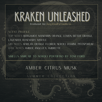 KRAKEN UNLEASHED Luxury Wickless Candle 6.5 oz: Amber Citrus Musk - Gory Dreadful Candle Co