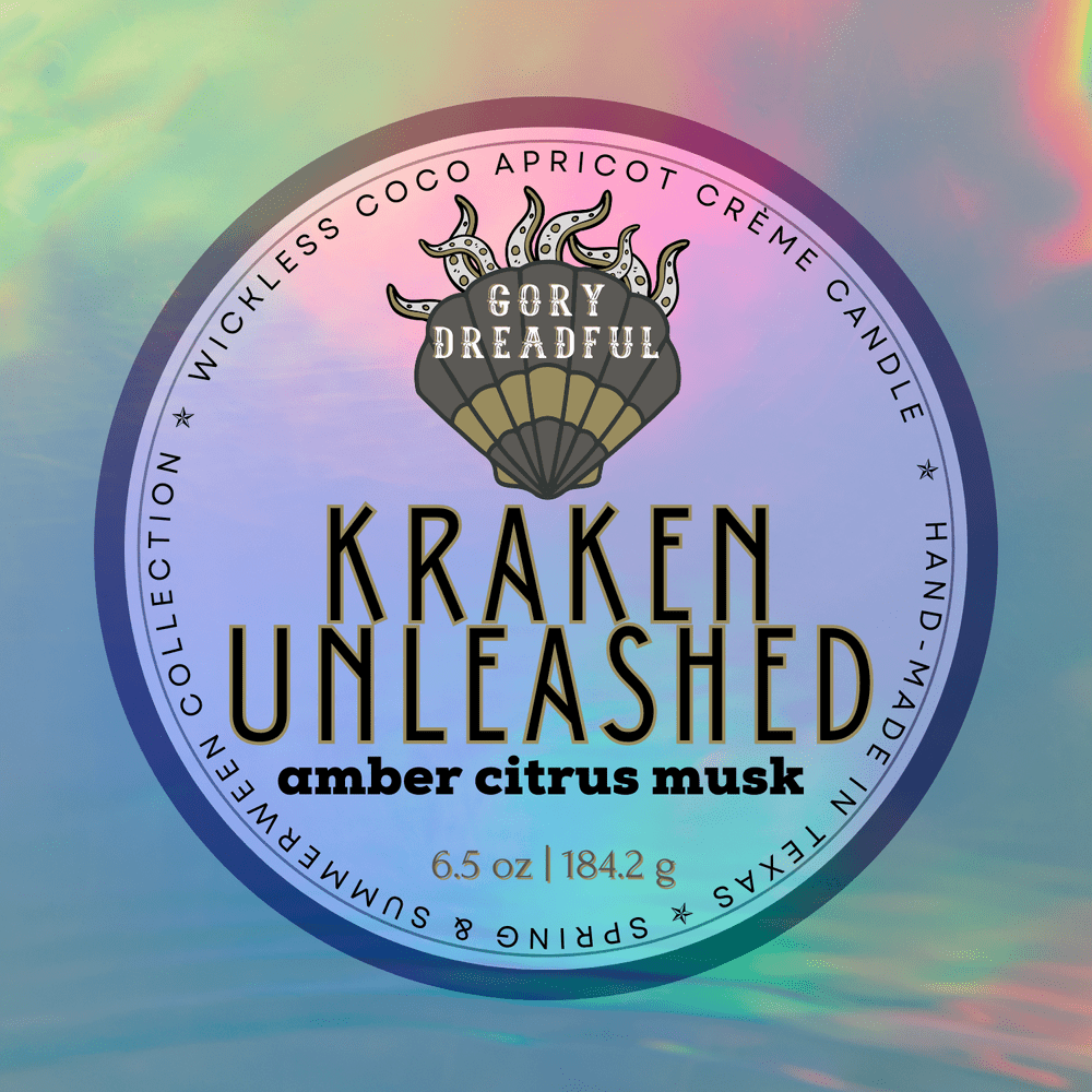 KRAKEN UNLEASHED Luxury Wickless Candle 6.5 oz: Amber Citrus Musk - Gory Dreadful Candle Co
