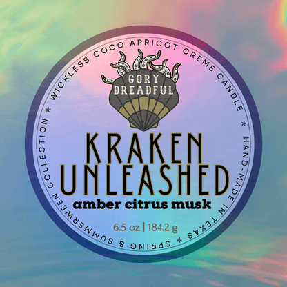 KRAKEN UNLEASHED Luxury Wickless Candle 6.5 oz: Amber Citrus Musk - Gory Dreadful Candle Co