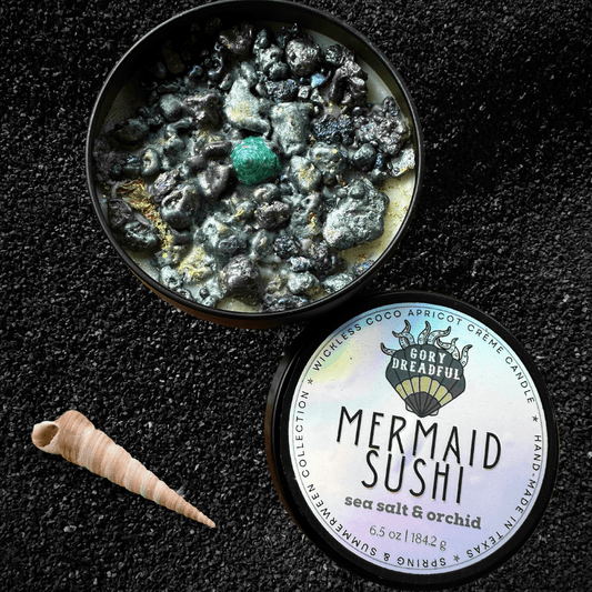 MERMAID SUSHI Luxury Wickless Candle 6.5 oz: Sea Salt & Orchid Scent - Gory Dreadful Candle Co