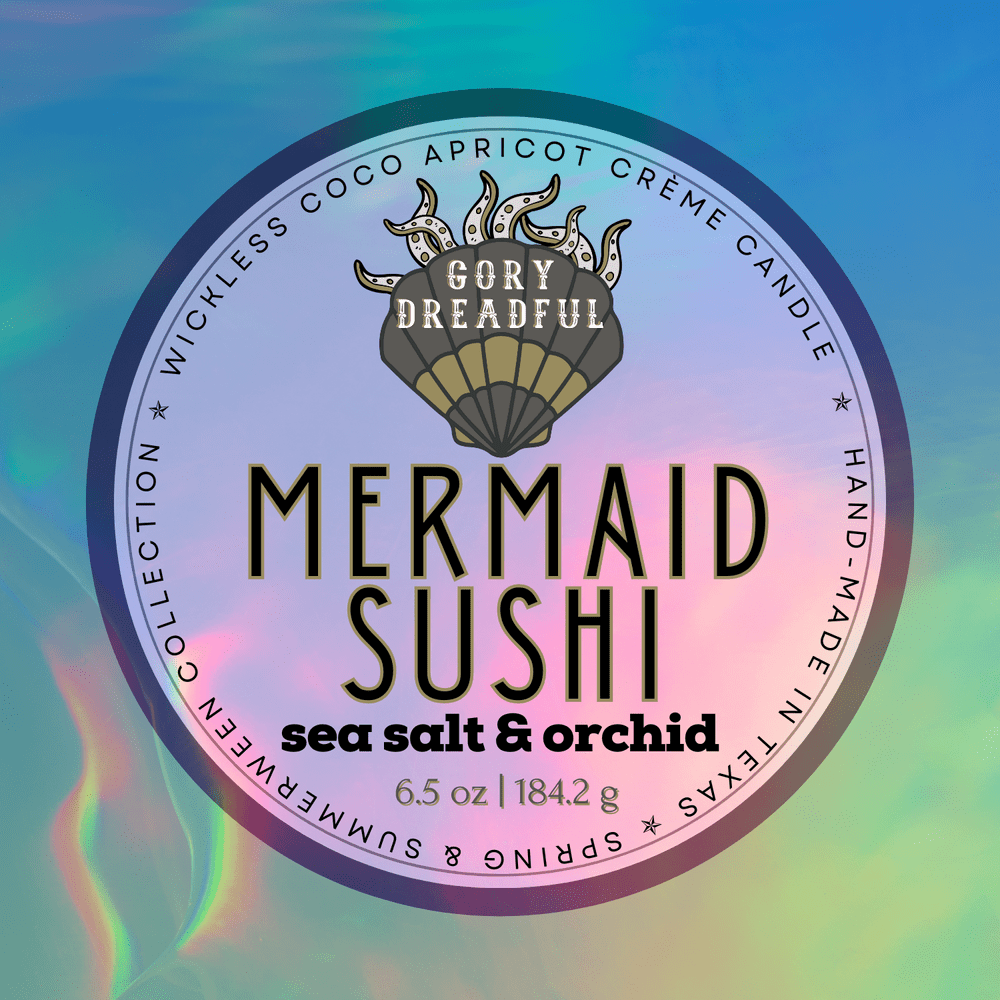 MERMAID SUSHI Luxury Wickless Candle 6.5 oz: Sea Salt & Orchid Scent - Gory Dreadful Candle Co