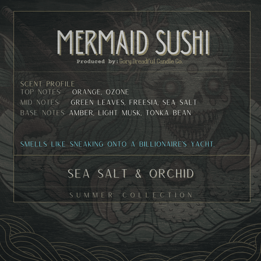 MERMAID SUSHI Luxury Wickless Candle 6.5 oz: Sea Salt & Orchid Scent - Gory Dreadful Candle Co