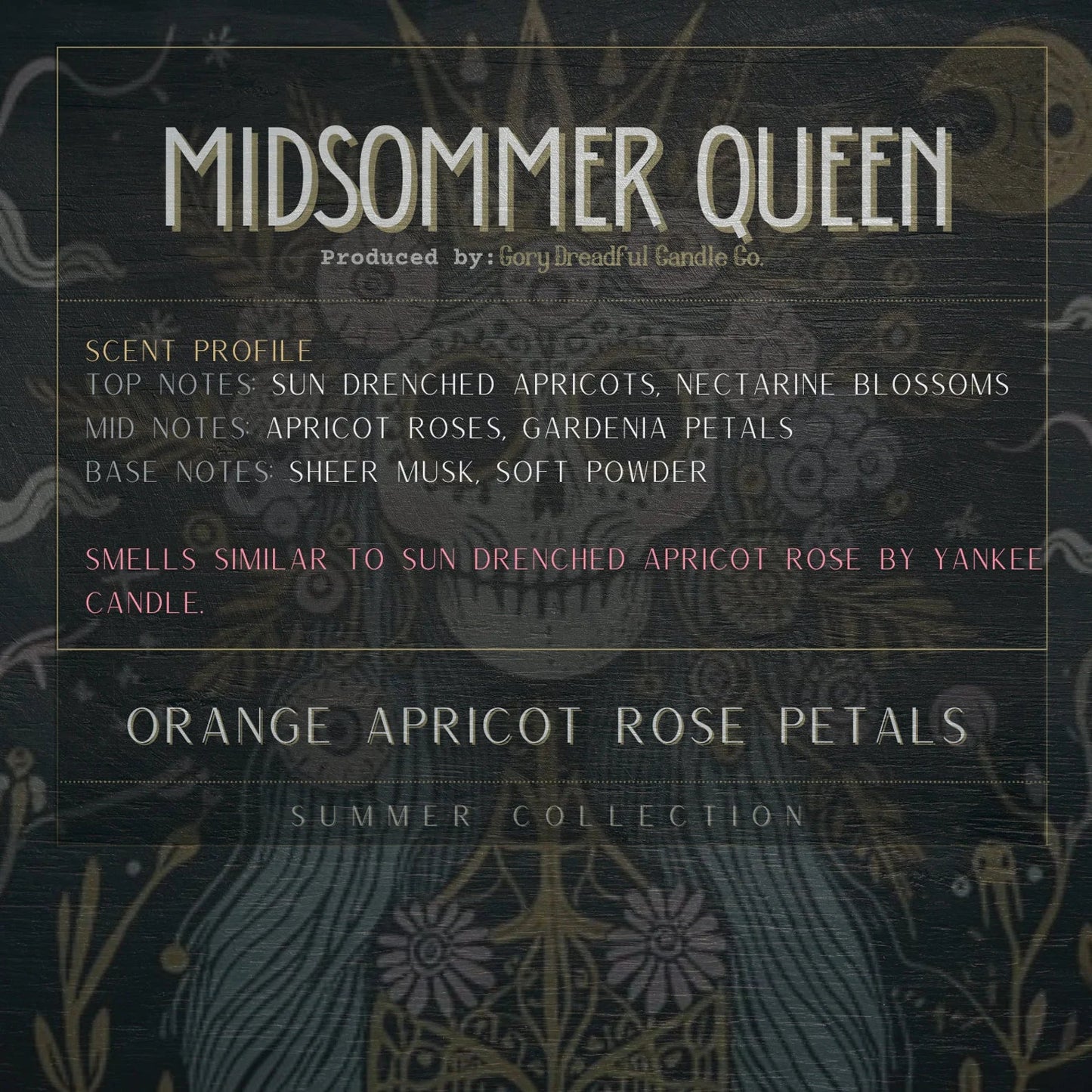 MIDSOMMER QUEEN Luxury Wickless Candle 6.5 oz: Orange Apricot & Rose Petals Scent - Gory Dreadful Candle Co