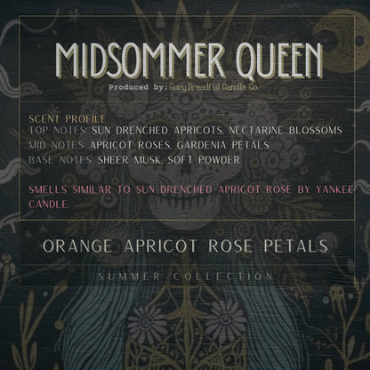 MIDSOMMER QUEEN Luxury Wickless Candle 6.5 oz: Orange Apricot & Rose Petals Scent - Gory Dreadful Candle Co