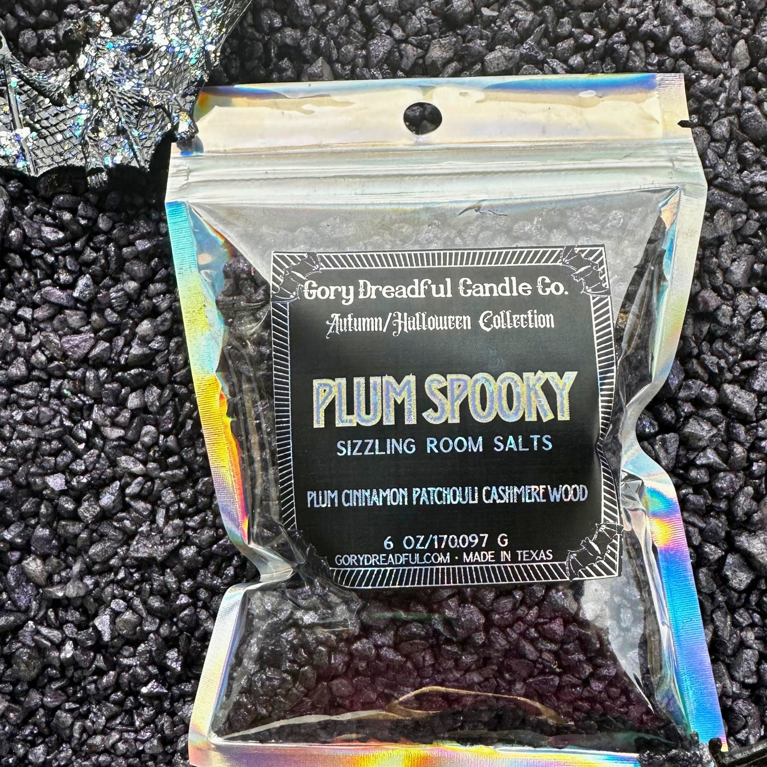 Plum Spooky Sizzling Room Salt Crystal Potpourri: Plum Cinnamon Patchouli Leaf Cashmere Woods Scent - Gory Dreadful Candle Co
