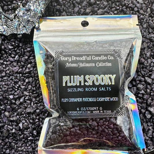 Plum Spooky Sizzling Room Salt Crystal Potpourri: Plum Cinnamon Patchouli Leaf Cashmere Woods Scent - Gory Dreadful Candle Co