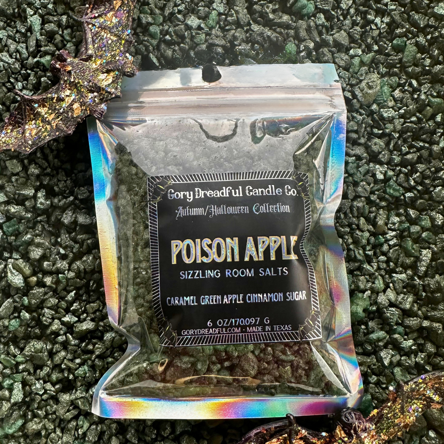Poison Apple Sizzling Room Salt Crystal Potpourri: Caramel Green Apple Cinnamon Sugar Scent - Gory Dreadful Candle Co