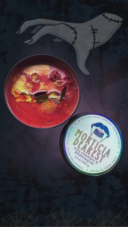 Morticia Dearest Signature Luxury Wickless Candle: Nag Champa & Bubblegum