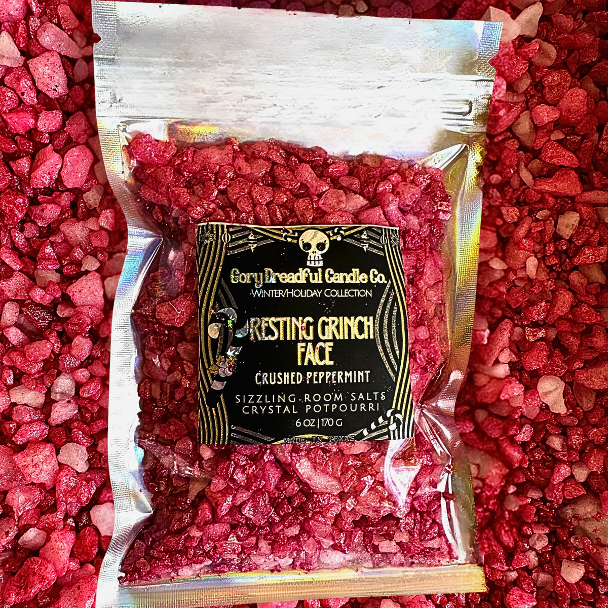 Resting Grinchface Sizzling Room Salt Crystal Potpourri: Crushed Peppermint Scent - Gory Dreadful Candle Co