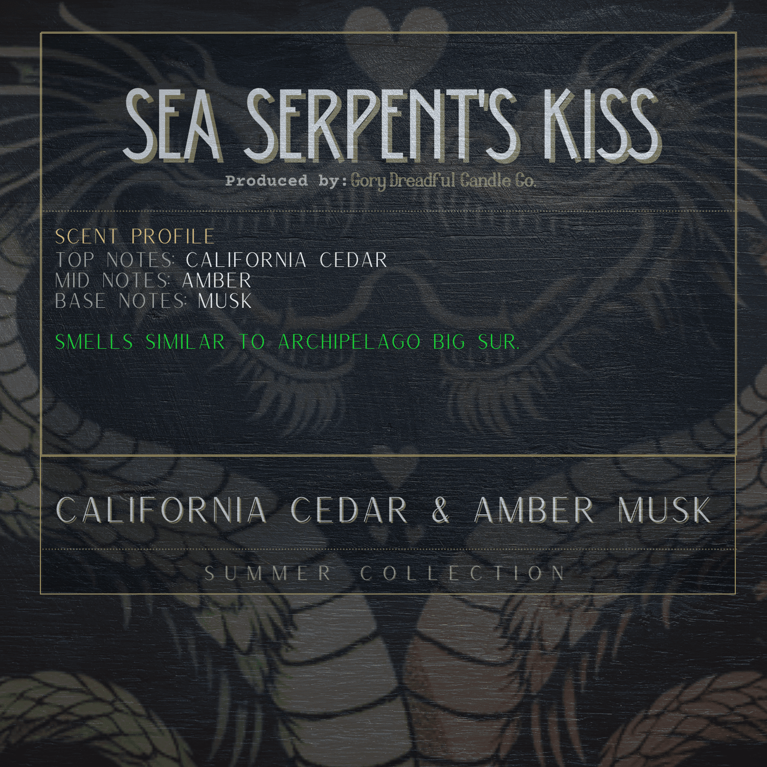 SEA SERPENT'S KISS Luxury Wickless Candle 6.5 oz: Cedar Amber Musk Scent - Gory Dreadful Candle Co