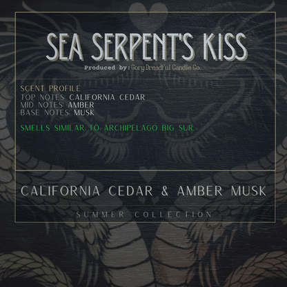 SEA SERPENT'S KISS Luxury Wickless Candle 6.5 oz: Cedar Amber Musk Scent - Gory Dreadful Candle Co
