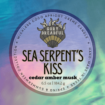 SEA SERPENT'S KISS Luxury Wickless Candle 6.5 oz: Cedar Amber Musk Scent - Gory Dreadful Candle Co