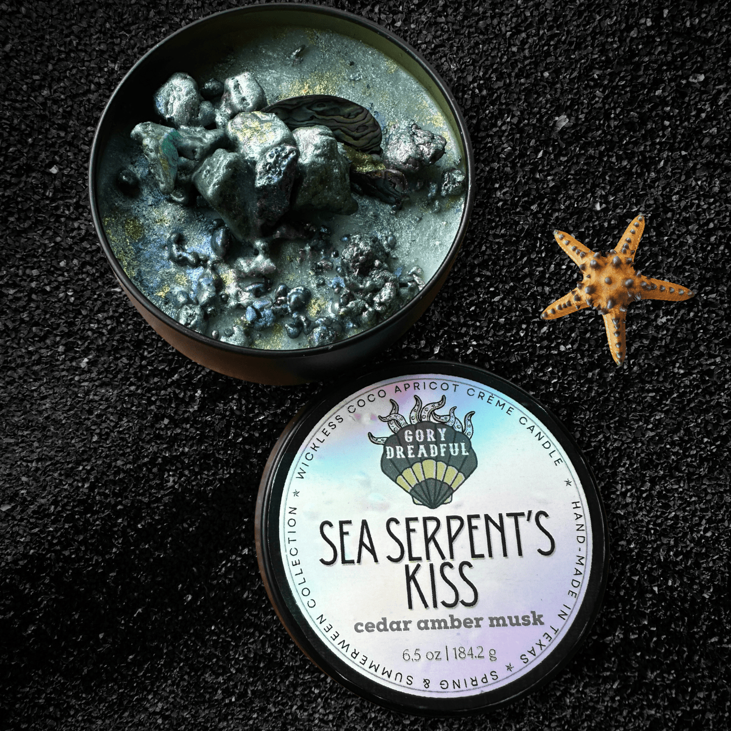 SEA SERPENT'S KISS Luxury Wickless Candle 6.5 oz: Cedar Amber Musk Scent - Gory Dreadful Candle Co
