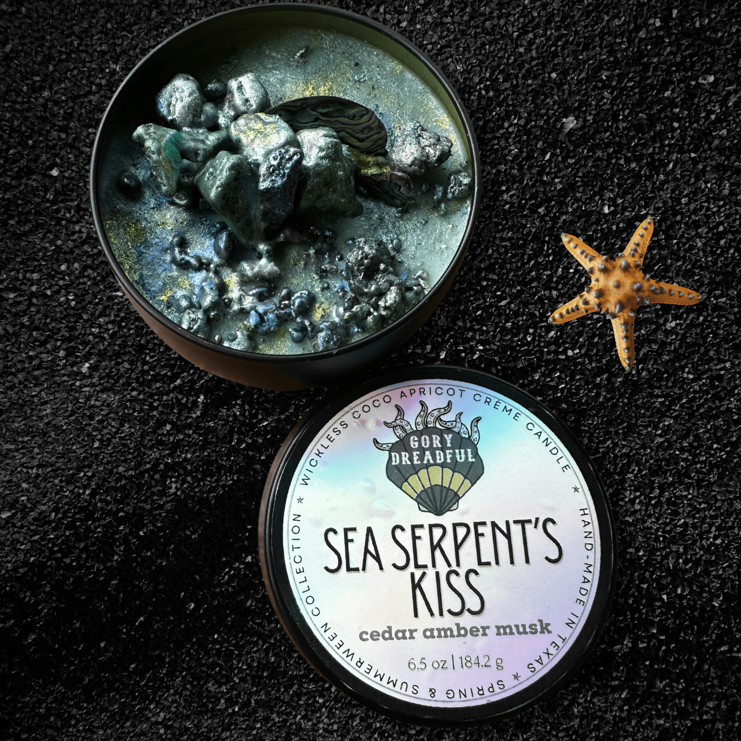 SEA SERPENT'S KISS Luxury Wickless Candle 6.5 oz: Cedar Amber Musk Scent - Gory Dreadful Candle Co