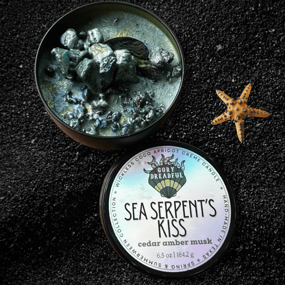 SEA SERPENT'S KISS Luxury Wickless Candle 6.5 oz: Cedar Amber Musk Scent - Gory Dreadful Candle Co