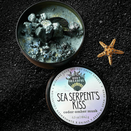 SEA SERPENT'S KISS Luxury Wickless Candle 6.5 oz: Cedar Amber Musk Scent - Gory Dreadful Candle Co