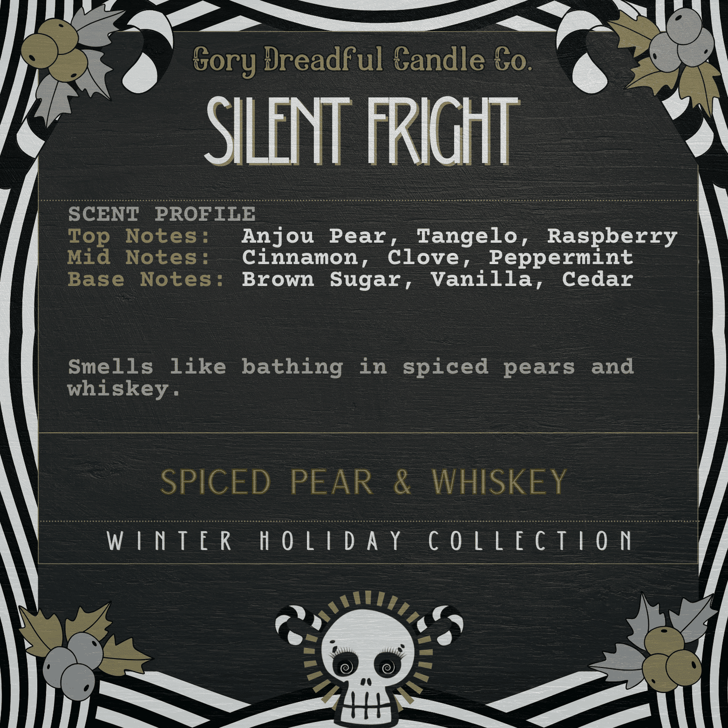 Silent Fright Luxury Crackling Wooden Wick Candle: Spiced Pear & Whiskey Scent - Gory Dreadful Candle Co