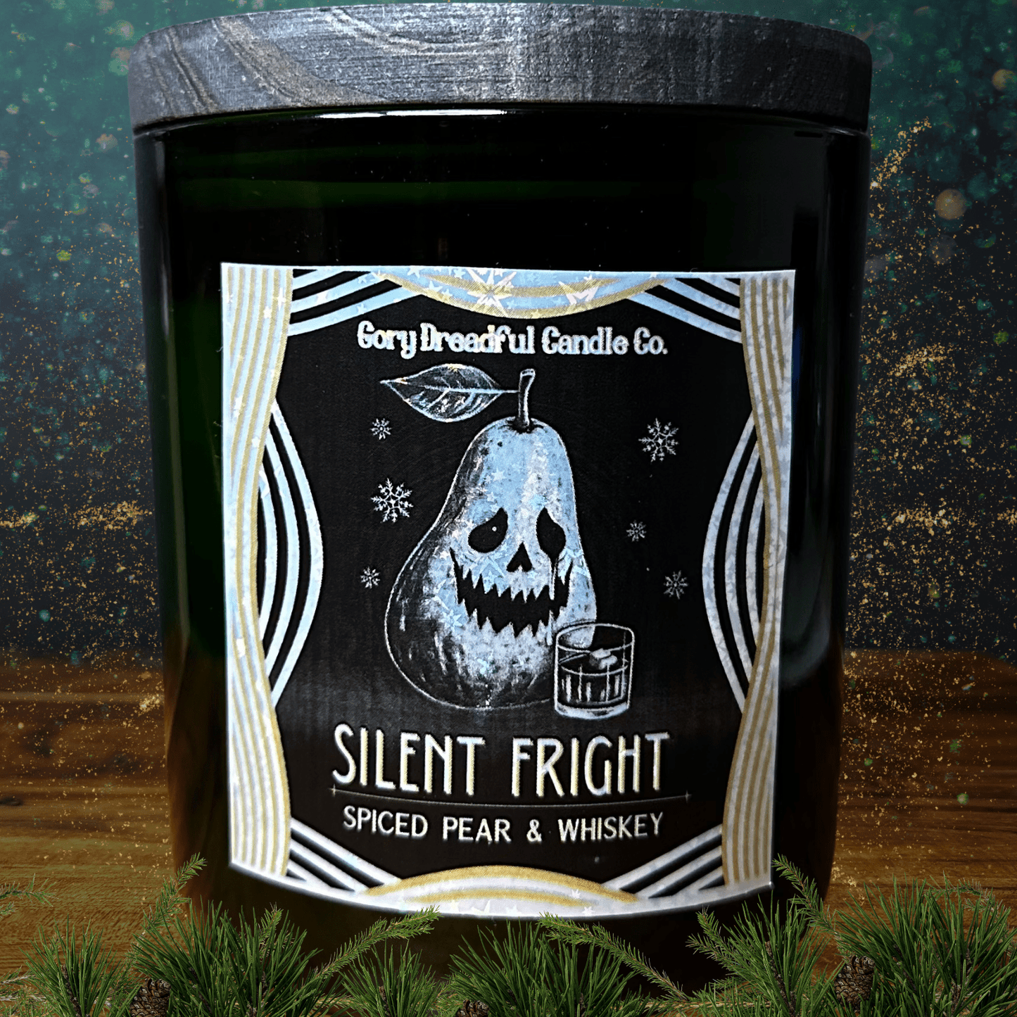 Silent Fright Luxury Crackling Wooden Wick Candle: Spiced Pear & Whiskey Scent - Gory Dreadful Candle Co