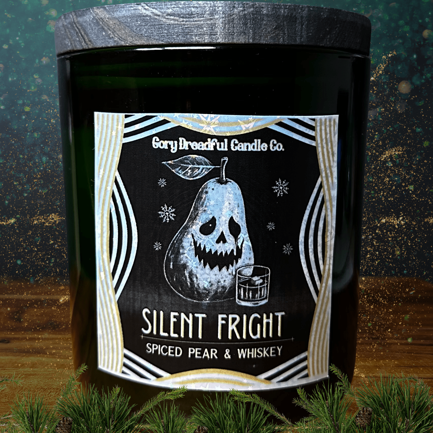Silent Fright Luxury Crackling Wooden Wick Candle: Spiced Pear & Whiskey Scent - Gory Dreadful Candle Co